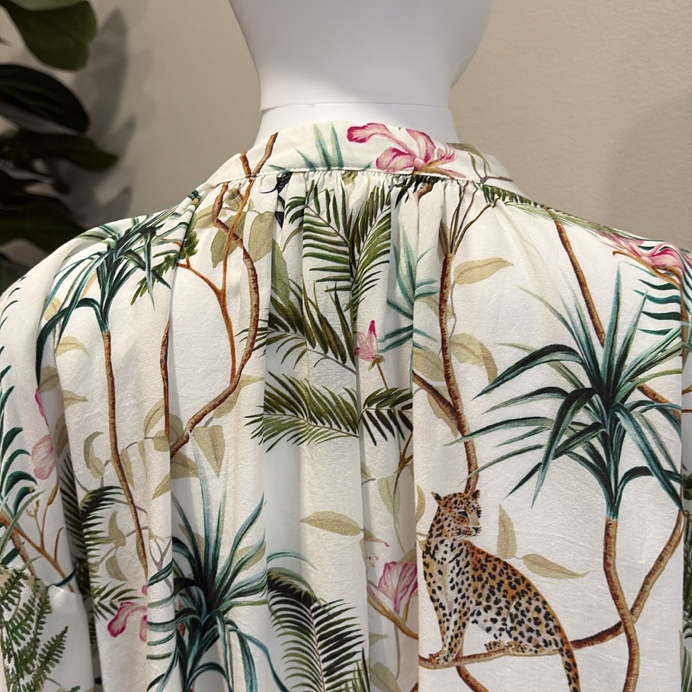 H&M Jungle Floral Print Blouse Womens Size 14 Balloon Sleeve 1/2 Placket Popover - Picture 13 of 16